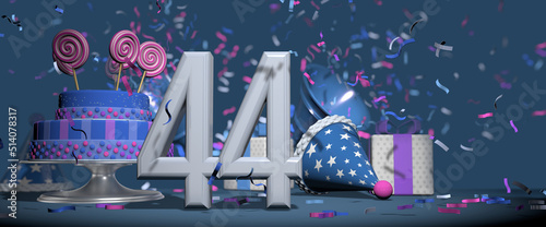 Solid white number 44 in the foreground, birthday cake decorated with candies, gifts and party hat with confetti ejecting bugles, against dark blue background. 3D Illustration