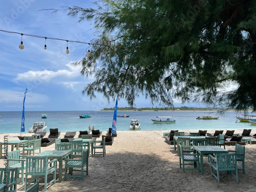 Senggigi, Indonesia December 14, 2021: 
Restaurant on the beach with a beautiful landscape view photo