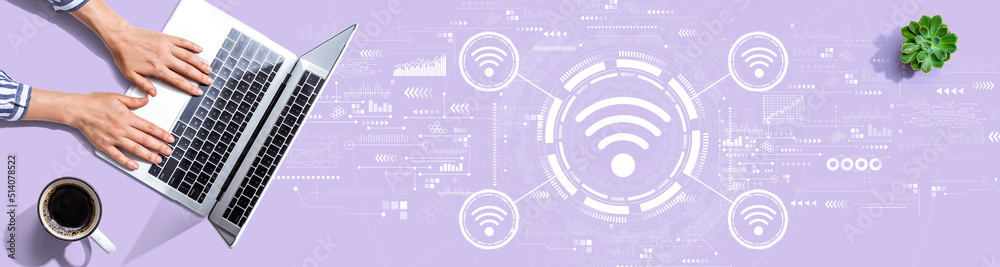 Wifi theme with person using a laptop computer Wifi theme with person using a laptop computer
