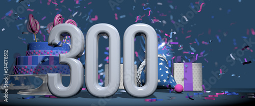 Solid white number 300 in the foreground, birthday cake decorated with candies, gifts and party hat with confetti ejecting bugles, against dark blue background. 3D Illustration