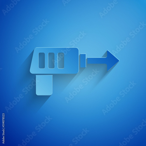 Paper cut Fishing harpoon icon isolated on blue background. Fishery manufacturers for catching fish under water. Diving underwater equipment. Paper art style. Vector