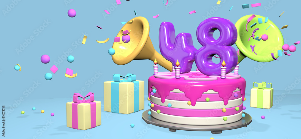 Fototapeta premium Pink birthday cake with thick purple number 48 surrounded by gift boxes with horns ejecting confetti on pastel blue background. 3D Illustration