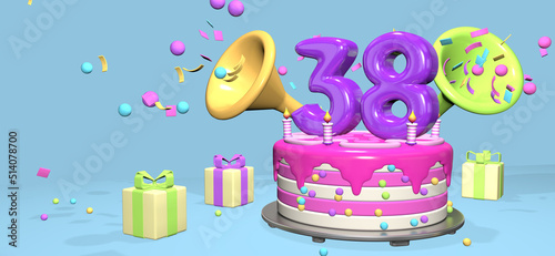 Pink birthday cake with thick purple number 38 surrounded by gift boxes with horns ejecting confetti on pastel blue background. 3D Illustration