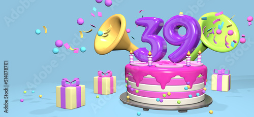 Pink birthday cake with thick purple number 39 surrounded by gift boxes with horns ejecting confetti on pastel blue background. 3D Illustration