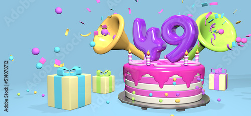 Pink birthday cake with thick purple number 49 surrounded by gift boxes with horns ejecting confetti on pastel blue background. 3D Illustration