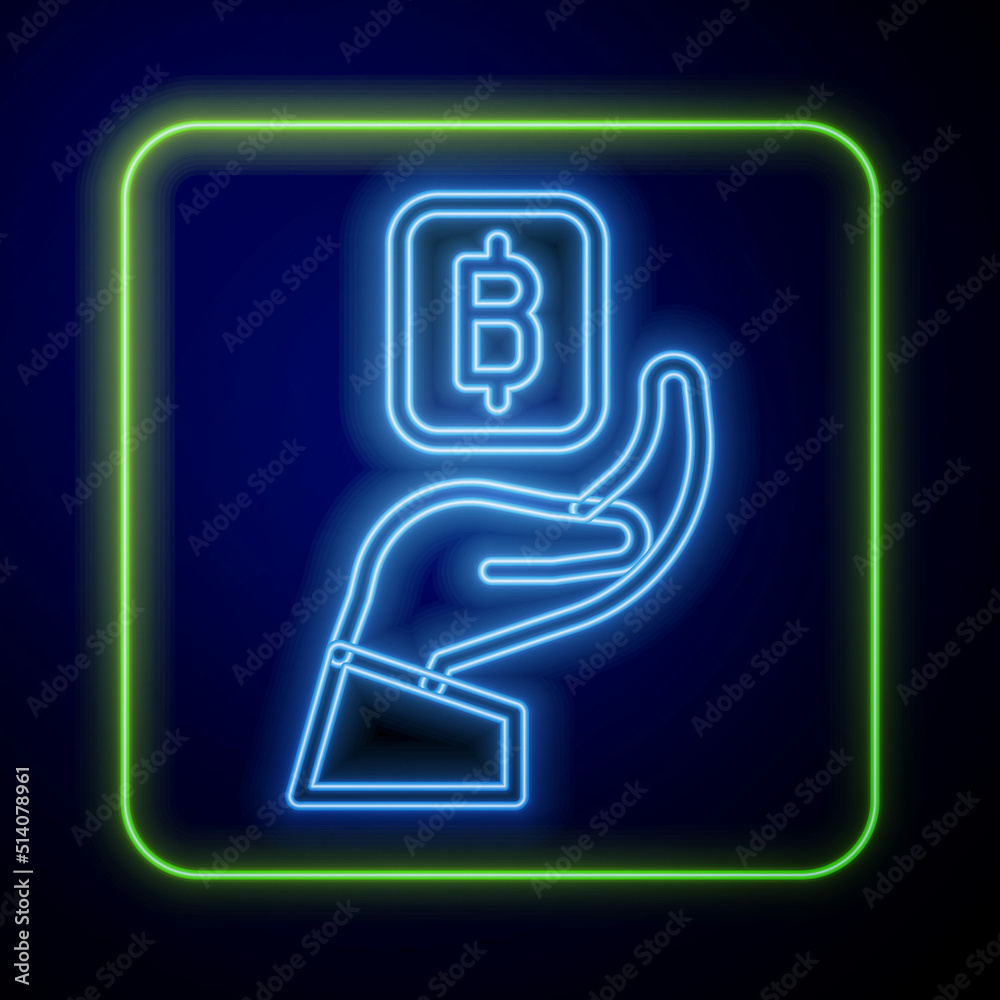 Glowing neon Hand holding Bitcoin icon isolated on blue background. Blockchain technology, digital money market, cryptocoin wallet. Vector Glowing neon Hand holding Bitcoin icon isolated on blue background. Blockchain technology, digital money market, cryptocoin wallet. Vector
