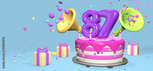 Pink birthday cake with thick purple number 87 surrounded by gift boxes with horns ejecting confetti on pastel blue background. 3D Illustration