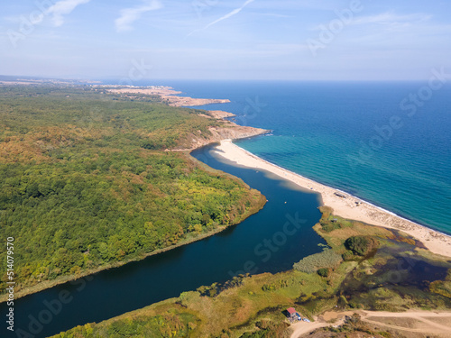 Aerial view of beach at the mouth of the Veleka River, Bulgaria