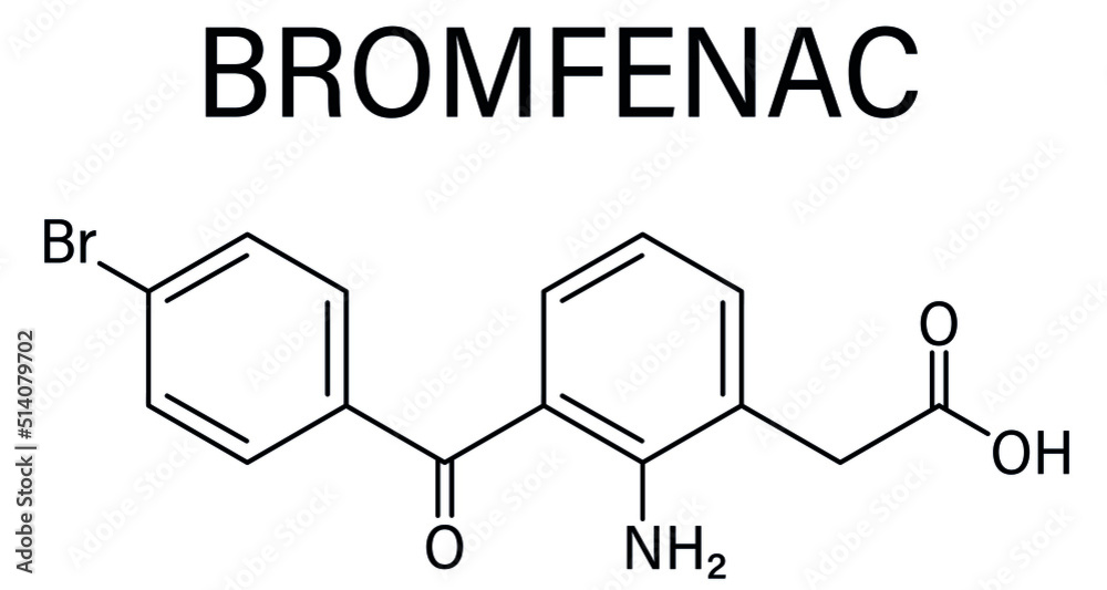 Skeletal formula of Bromfenac NSAID eye drop drug molecule. Skeletal formula of Bromfenac NSAID eye drop drug molecule.