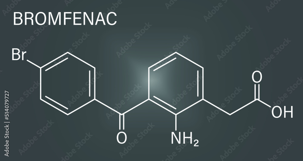 Skeletal formula of Bromfenac NSAID eye drop drug molecule. Skeletal formula of Bromfenac NSAID eye drop drug molecule.