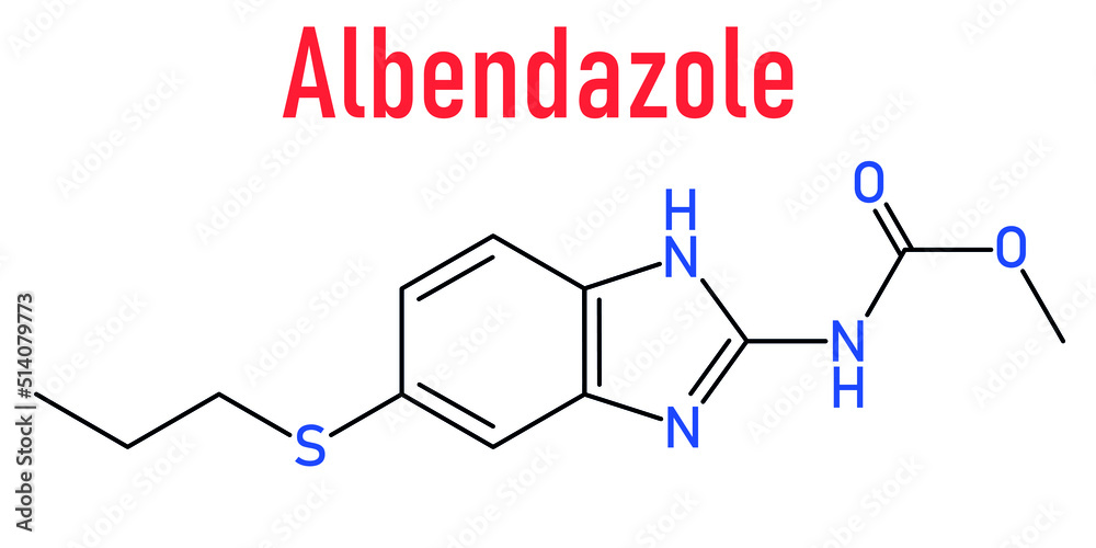 Skeletal formula of Albendazole anthelmintic drug molecule. Used in treatment of parasitic worm infestations. Skeletal formula of Albendazole anthelmintic drug molecule. Used in treatment of parasitic worm infestations.