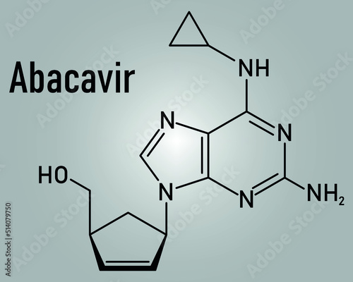 Skeletal formula of Abacavir or ABC reverse transcriptase inhibitor drug. Used in treatment of HIV infection and AIDS. photo