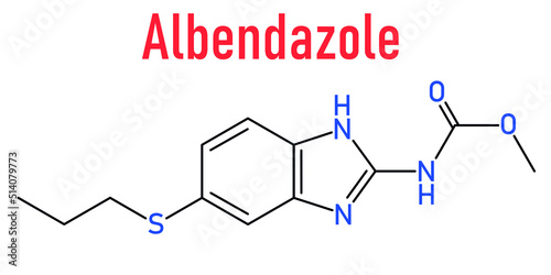 Skeletal formula of Albendazole anthelmintic drug molecule. Used in treatment of parasitic worm infestations.