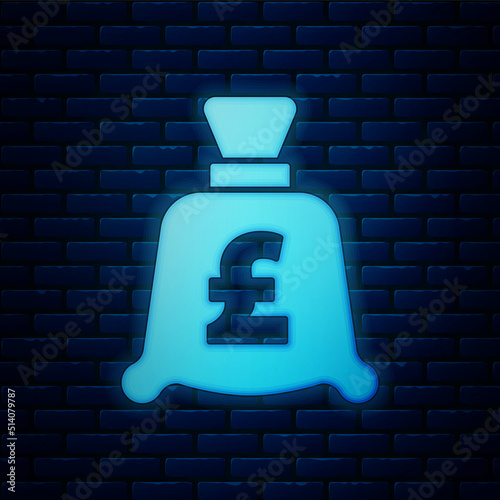 Glowing neon Coin money with pound sterling symbol icon isolated on brick wall background. Banking currency sign. Cash symbol. Vector