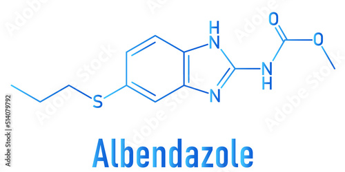 Skeletal formula of Albendazole anthelmintic drug molecule. Used in treatment of parasitic worm infestations.