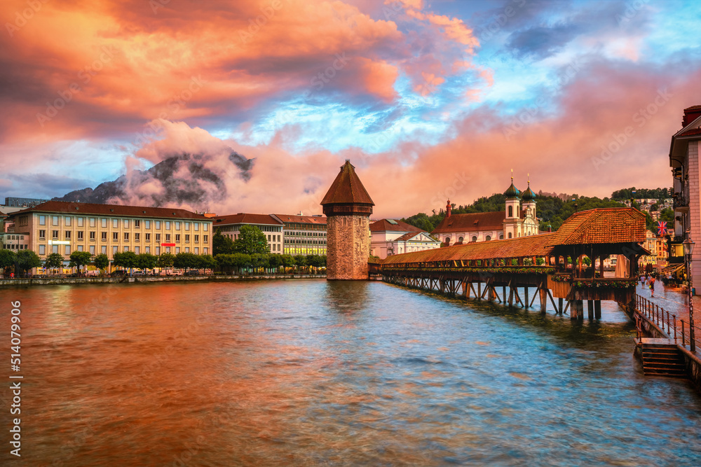 Dramatic sunset in Lucerne city, Switzerland