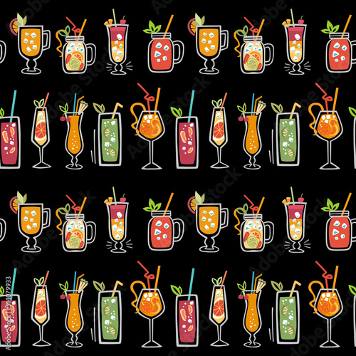 Cute beverages seamless pattern. Summer cocktails. Vector hand drawn backdrop