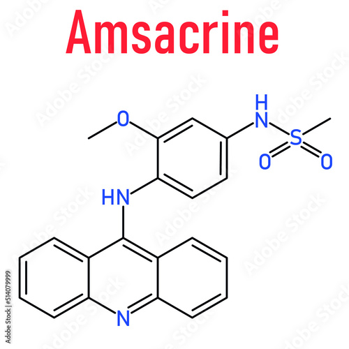 Skeletal formula of Amsacrine cancer drug molecule. DNA intercalating agent. It has been used in acute lymphoblastic leukemia. photo