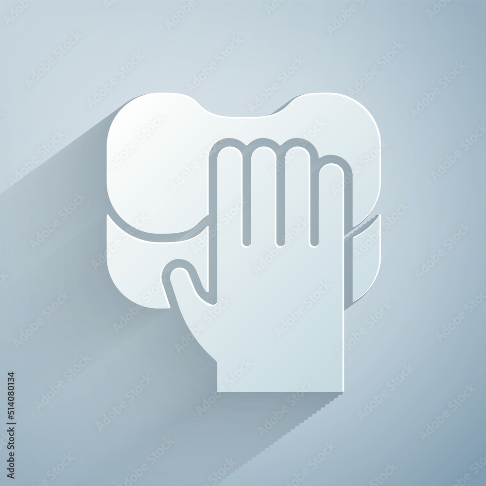 Paper cut Cleaning service icon isolated on grey background. Latex hand protection sign. Housework cleaning equipment symbol. Paper art style. Vector Paper cut Cleaning service icon isolated on grey background. Latex hand protection sign. Housework cleaning equipment symbol. Paper art style. Vector
