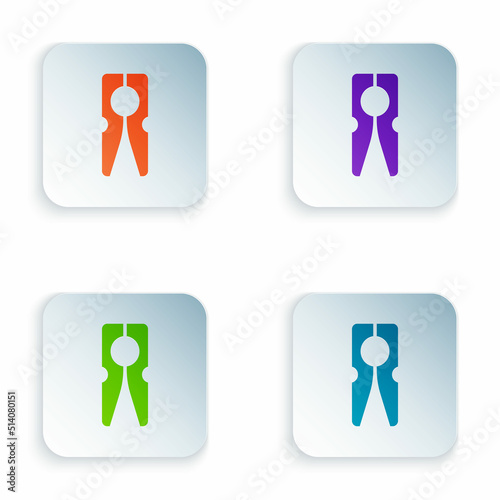 Color Old wood clothes pin icon isolated on white background. Clothes peg. Set colorful icons in square buttons. Vector