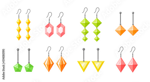 Earrings collection. Shining accessories with gemstones, diamonds, precious stone. Jewellery set. Flat vector