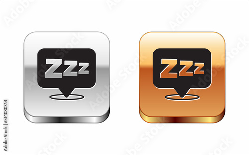 Black Sleepy icon isolated on white background. Sleepy zzz black talk bubble. Silver and gold square buttons. Vector