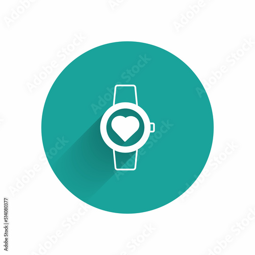 White Smart watch showing heart beat rate icon isolated with long shadow. Fitness App concept. Green circle button. Vector