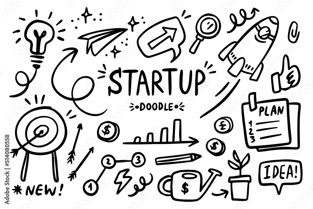 Startup doodle vector set. Sketch outline business strategy icons ...