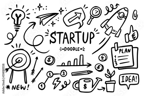Startup doodle vector set. Sketch outline business strategy icons. Drawing element silhouette