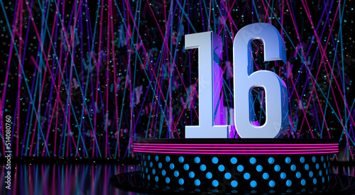 Solid number 16 on a round stage with blue and magenta lights with a defocused background of laser lights. 3D Illustration photo