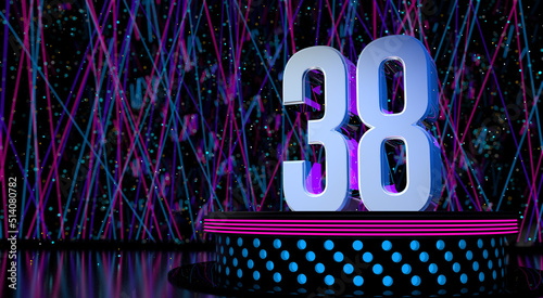 Solid number 38 on a round stage with blue and magenta lights with a defocused background of laser lights. 3D Illustration photo
