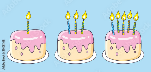 Anniversary birthday party cake gift with one, three and five candles isolated vector set.