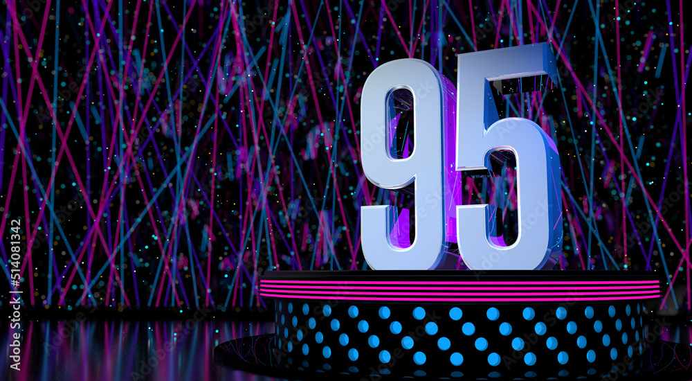 Solid number 95 on a round stage with blue and magenta lights with a defocused background of laser lights. 3D Illustration - obrazy, fototapety, plakaty 