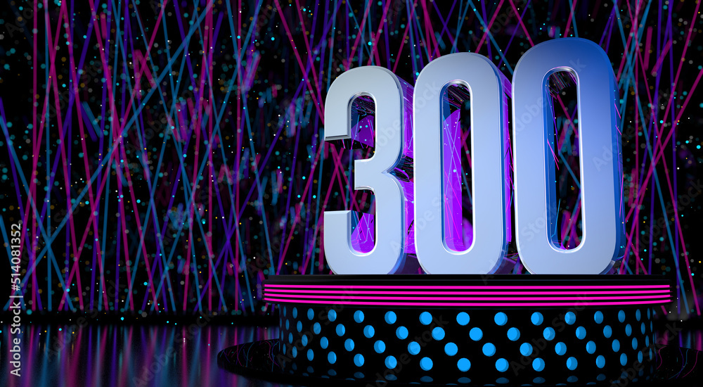 Solid number 300 on a round stage with blue and magenta lights with a defocused background of laser lights. 3D Illustration - obrazy, fototapety, plakaty 
