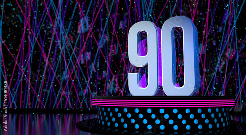 Solid number 90 on a round stage with blue and magenta lights with a defocused background of laser lights. 3D Illustration