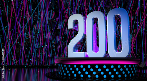 Solid number 200 on a round stage with blue and magenta lights with a defocused background of laser lights. 3D Illustration