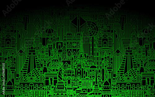 Wallpaper in the form of a linear neon city pattern. Lime neon on a black background. There is space for text. Suitable for banners, web page background, poster, brochure.
