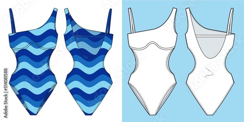 Women Swimsuit fashion technical drawing template. Blue Bodysuit fashion concept. Sportswear fashion design.
