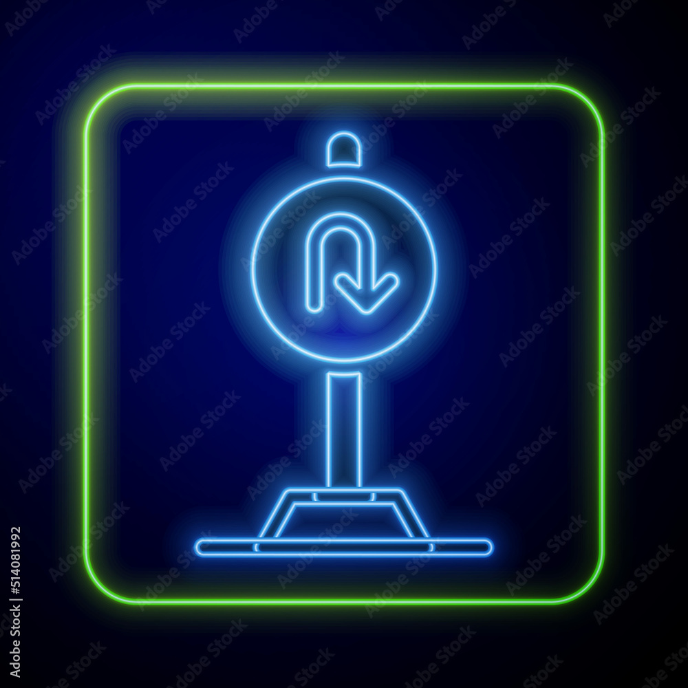 Glowing neon Turn back road icon isolated on blue background. Traffic rules and safe driving. Vector Glowing neon Turn back road icon isolated on blue background. Traffic rules and safe driving. Vector
