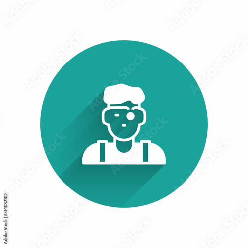 White Jeweler man icon isolated with long shadow background. Green circle button. Vector