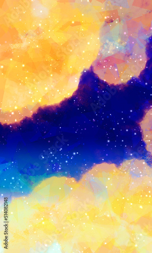 おもちゃ箱をひっくり返したようなポップな黄色い雲と星空の背景素材（縦／青・紫・黄色）