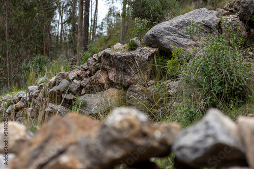 HUANCAVELICA, PERU - JUNE 29, 2022: Perspective view of a stone fence. Overhanging plants, trees in the background, and another out-of-focus fence in the foreground.
