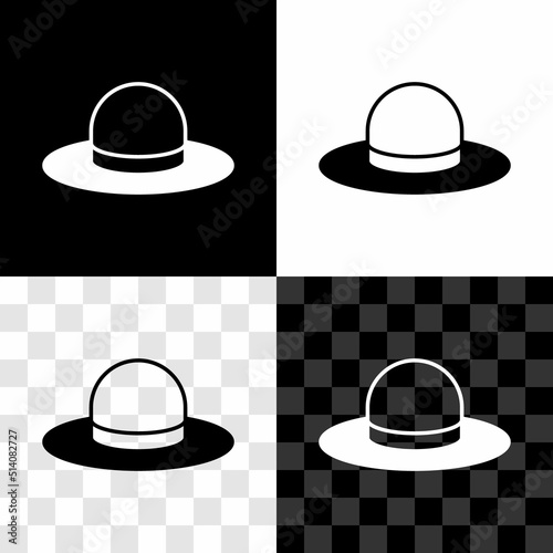 Set Man hat with ribbon icon isolated on black and white, transparent background. Vector
