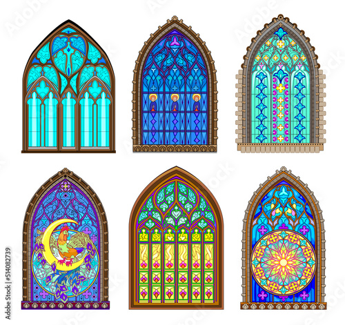 Set of different beautiful colorful stained glass windows. Gothic architectural style with pointed arch. Architecture in France churches. Modern print. Middle ages in Western Europe. Vector image.