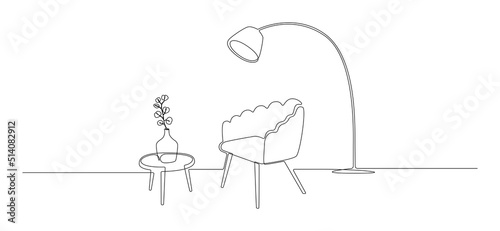 One continuous line drawing of armchair and loft lamp and vase with plant. Modern scandinavian and soft furniture chair in simple linear style. Doodle vector illustration