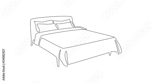 Continuous one line drawing of double bed thin icon. Modern comfortable cozy furniture for bedroom in simple linear style. Editable stroke. Doodle vector illustration