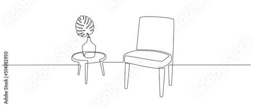 One continuous line drawing of chair and table with vase and monstera leaf. Modern scandinavian and loft furniture armchair in simple linear style. Editable stroke. Doodle vector illustration