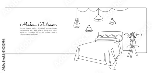 Continuous one line drawing of double bed and table and loft chandelier lamps. Modern scandinavian interior and cozy decor bedroom in simple linear style. Editable stroke. Doodle vector illustration