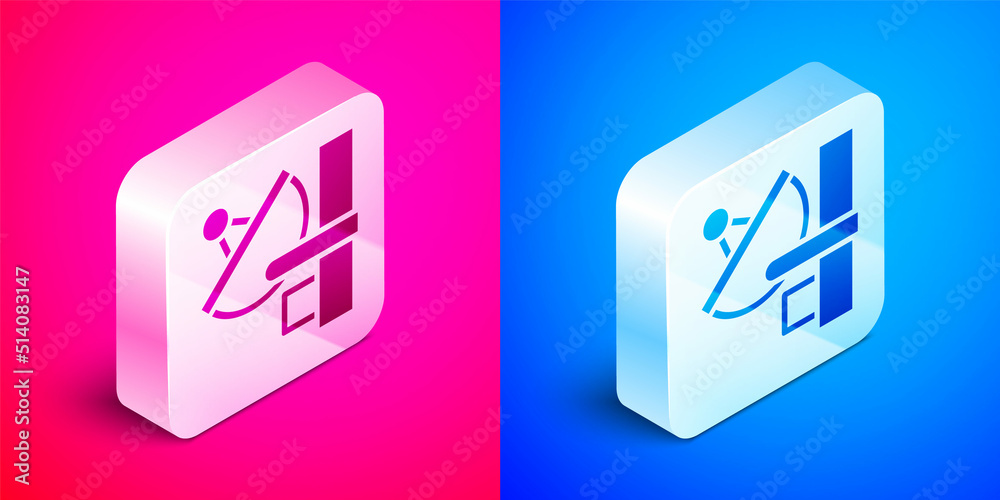 Isometric Radar icon isolated on pink and blue background. Search system. Satellite sign. Silver square button. Vector Isometric Radar icon isolated on pink and blue background. Search system. Satellite sign. Silver square button. Vector