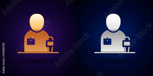 Gold and silver Journalist news reporter with microphone icon isolated on black background. Vector